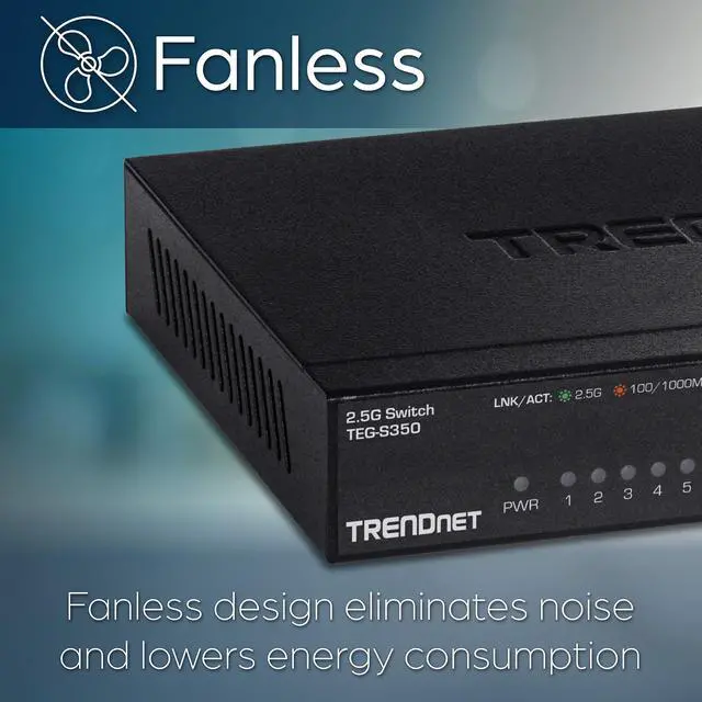 Alt view image 7 of 7 - TRENDnet 5-Port Unmanaged 2.5G Switch, 5 x 2.5GBASE-T Ports, 25Gbps Switching Capacity, Backwards Compatible with 10-100-1000Mbps Devices, Fanless, Wall Mountable, Black, (TEG-S350)