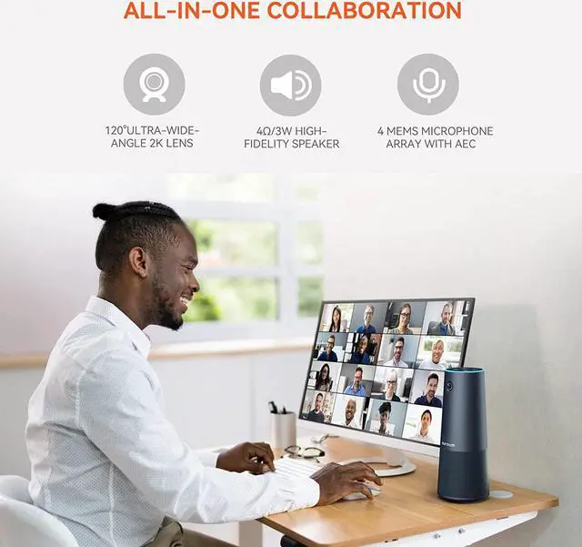 Alt view image 2 of 7 - NUROUM 2K 1080p 60fps FHD Webcam with 4 Microphones&Speaker, All-in-One Conference Web with Remote Control, Ultra Wide-Angle 120° Camera with 16ft Voice Pickup, AI Noise-Cancel for Zoom/Skype/Teams