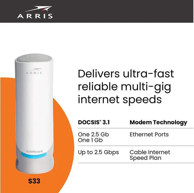 Alt view image 4 of 6 - ARRIS Surfboard S33 DOCSIS Surfboard S33 DOCSIS 3.1 Multi-Gigabit Cable Modem | Approved for Comcast Xfinity, Cox, Spectrum & More | 1 & 2.5 Gbps Ports | 2.5 Gbps Max Internet Speeds | 4 OFDM Channels