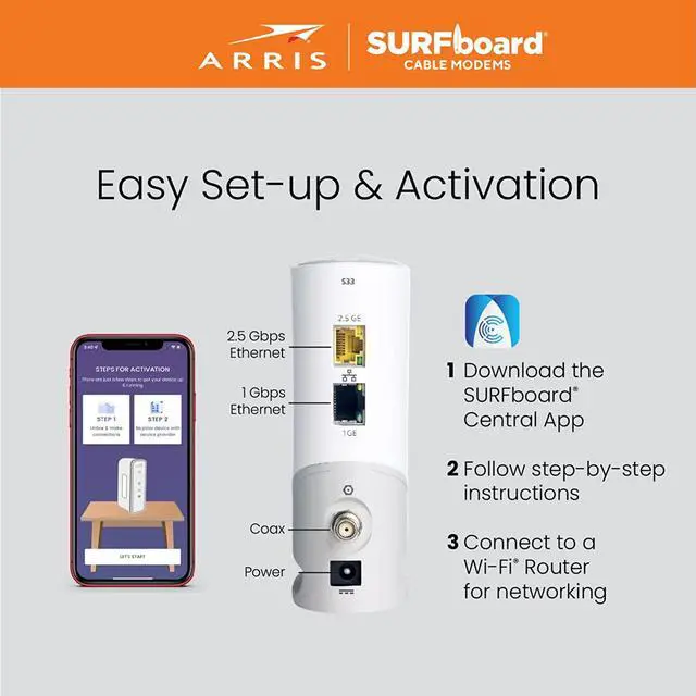Alt view image 5 of 6 - ARRIS Surfboard S33 DOCSIS Surfboard S33 DOCSIS 3.1 Multi-Gigabit Cable Modem | Approved for Comcast Xfinity, Cox, Spectrum & More | 1 & 2.5 Gbps Ports | 2.5 Gbps Max Internet Speeds | 4 OFDM Channels