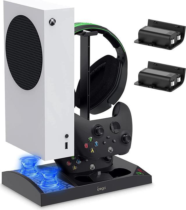 Charger Stand with Cooling Fan for Xbox Series S Console and Controller,Vertical  Dual Charging Dock Accessories with 2 x 1400mAh Rechargeable Battery and  Cover, Earphone Bracket for XSS 