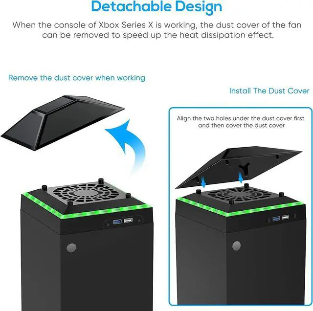 Alt view image 6 of 7 - Cooling Fan Dust Proof for Xbox Series X Console with Colorful Light Strip,MENEEA Dust Cover Filter,Rubber Dust Plugs,Low Noise Top Fan with 3 Gears,Cooler&Light Independent Touch Switch, 2 USB Port