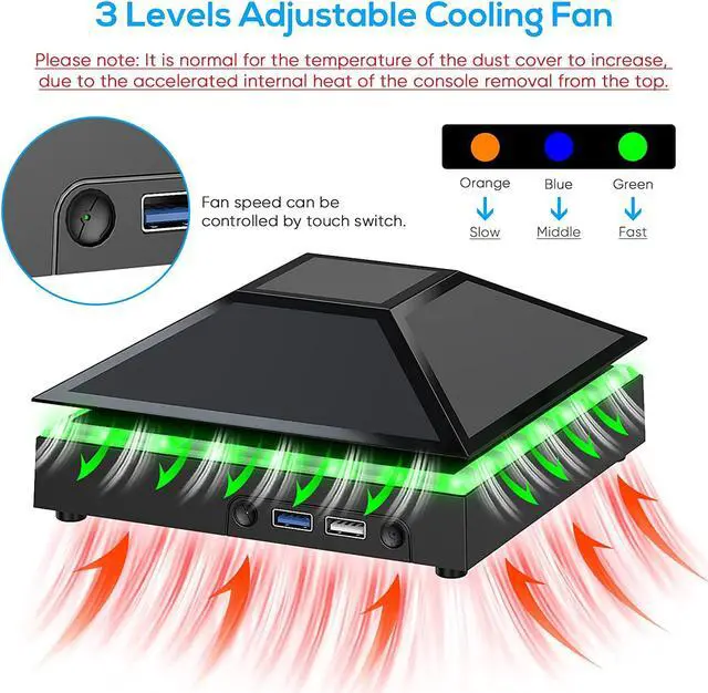 Alt view image 5 of 7 - Cooling Fan Dust Proof for Xbox Series X Console with Colorful Light Strip,MENEEA Dust Cover Filter,Rubber Dust Plugs,Low Noise Top Fan with 3 Gears,Cooler&Light Independent Touch Switch, 2 USB Port