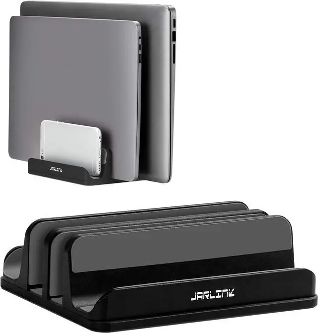 Main image of Adjustable Vertical Laptop Stand, Desktop Stand Adjustable Laptop Holder with 2 Slots (up to 17.3 inches), Compatible with All MacBook Pro/Air/Microsoft Surface, Newly Designed, (Black)