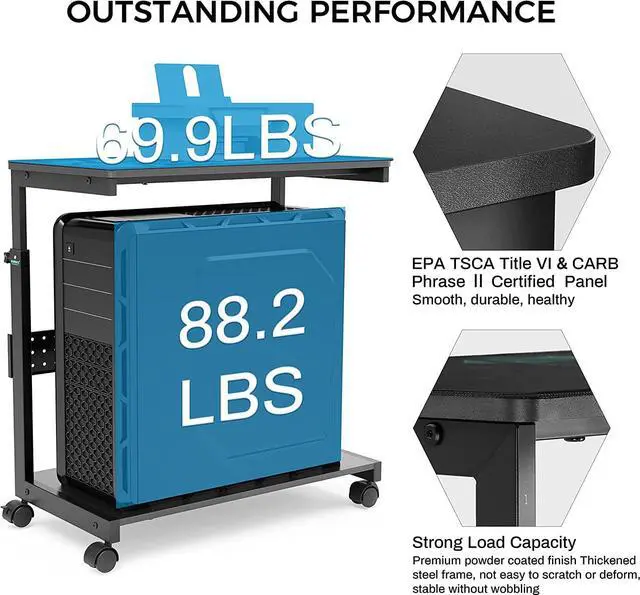 Alt view image 6 of 7 - ERGONOMIC Height Adjustable Computer Tower Stand, 2-Tier ATX-Case CPU Holder Cart Under Desk Mobile PC Laptop Standing Table Home Office Gaming Accessories w/ Rolling Wheels & Mouse Pad, Black