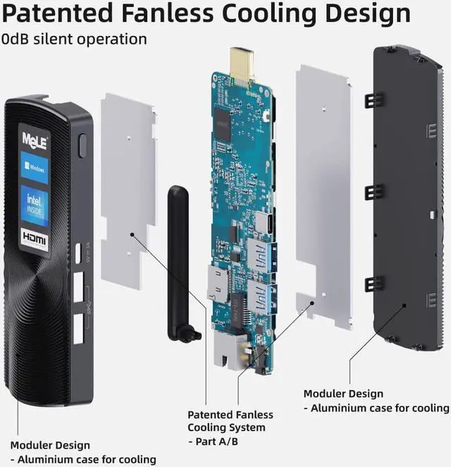 Alt view image 6 of 7 - MeLE PCG02 Fanless Mini PC Stick Windows 11 Pro Celeron J4125 4GB 64GB Micro Desktop Computer Stick Support HDMI 4K HD, Dual Band Wi-Fi5, USB3.0, Gigabit Ethernet on Business Office Industrial IOT