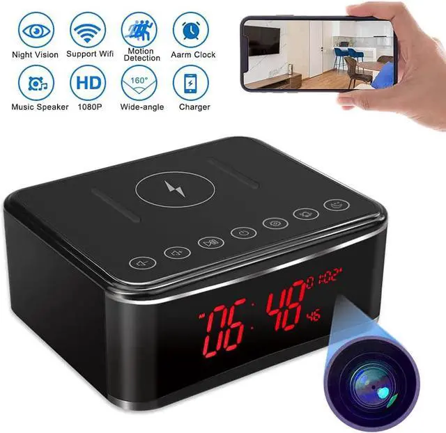Alt view image 2 of 7 - Hidden Spy Cameras with Video,Aiwaylar Cameras espias ocultas Nanny Cam,WiFi Secret Camera 4K with Bluetooth Speaker,Night Vision,Alarm Clock,Wireless Charger,160°View Angle for Indoor Home-2.4G/5G
