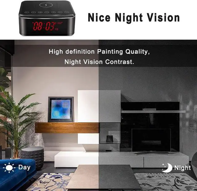 Alt view image 7 of 7 - Hidden Spy Cameras with Video,Aiwaylar Cameras espias ocultas Nanny Cam,WiFi Secret Camera 4K with Bluetooth Speaker,Night Vision,Alarm Clock,Wireless Charger,160°View Angle for Indoor Home-2.4G/5G