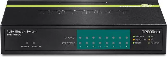 Alt view image 4 of 7 - TRENDnet 8-Port Gigabit PoE+ Switch, 8 x Gigabit PoE+ Ports, 123W PoE Power Budget, 16 Gbps Switching Capacity, Desktop Switch, Ethernet Network Switch, Metal, Lifetime Protection, Black, TPE-TG80G