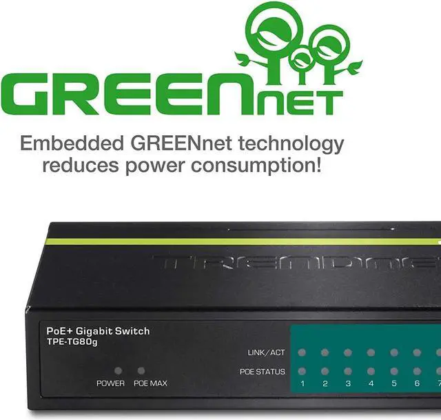 Alt view image 6 of 7 - TRENDnet 8-Port Gigabit PoE+ Switch, 8 x Gigabit PoE+ Ports, 123W PoE Power Budget, 16 Gbps Switching Capacity, Desktop Switch, Ethernet Network Switch, Metal, Lifetime Protection, Black, TPE-TG80G