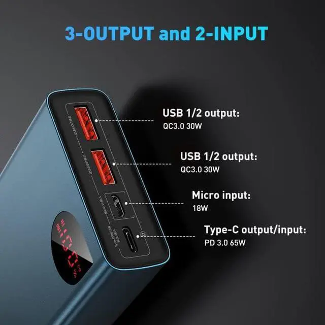 Alt view image 7 of 7 - Baseus Power Bank, 65W 20000mAh Laptop Portable Charger, Fast Charging USB C 4-Port PD3.0 Battery Pack for MacBook Dell XPS IPad iPhone 14/13/12 Pro Mini Samsung Switch