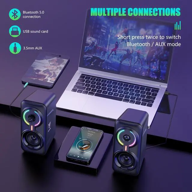 Alt view image 2 of 7 - Zhhcyyds L6 Computer Speakers for Desktop, Bluetooth/3.5mm Jack PC Speakers, RGB USB Stereo Monitor Bookshelf Speakers, Powered Gaming Speakers, Laptop Speakers Desk External for Studio Projector