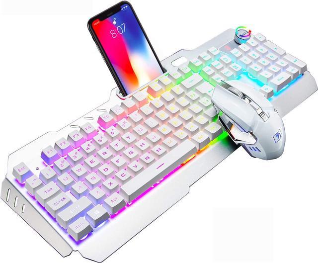 Wireless Gaming Keyboard and Mouse, Rechargeable, Rainbow Backlit with  3800mAh Battery Metal Panel,Mechanical Feel Keyboard and 7 Color Mute Mouse  for