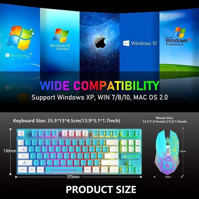 Alt view image 7 of 7 - Zhhcyyds T87 Wireless Gaming Keyboard and Mouse Combo with Rainbow LED Backlit Rechargeable 3800mAh Battery Mechanical Feel Anti-ghosting+7D 2400DPI Mice Mousepad for PC Mac Window Gamer Blue / White