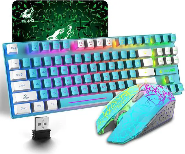 Main image of Zhhcyyds T87 Wireless Gaming Keyboard and Mouse Combo with Rainbow LED Backlit Rechargeable 3800mAh Battery Mechanical Feel Anti-ghosting+7D 2400DPI Mice Mousepad for PC Mac Window Gamer Blue / White
