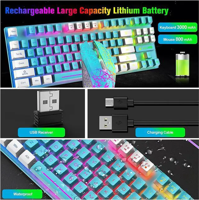 Alt view image 3 of 7 - Zhhcyyds T87 Wireless Gaming Keyboard and Mouse Combo with Rainbow LED Backlit Rechargeable 3800mAh Battery Mechanical Feel Anti-ghosting+7D 2400DPI Mice Mousepad for PC Mac Window Gamer Blue / White
