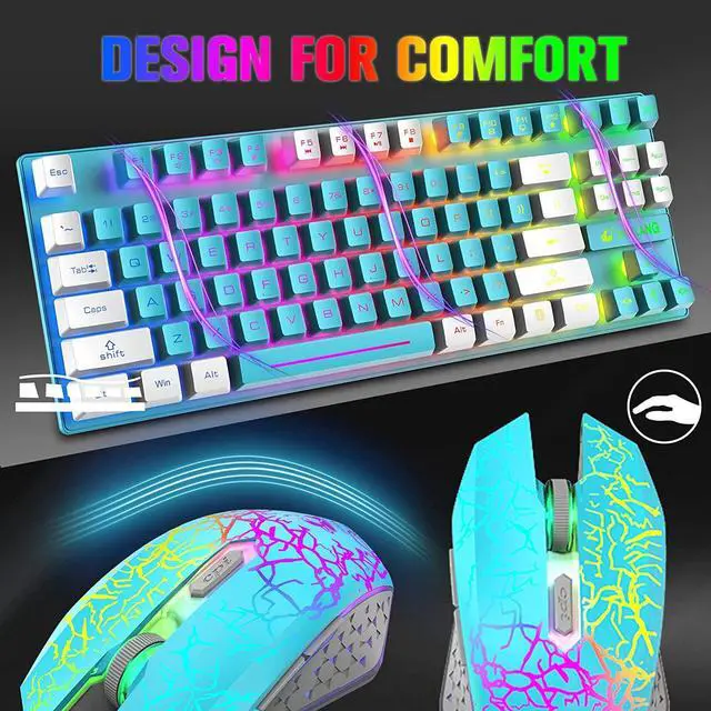 Alt view image 5 of 7 - Zhhcyyds T87 Wireless Gaming Keyboard and Mouse Combo with Rainbow LED Backlit Rechargeable 3800mAh Battery Mechanical Feel Anti-ghosting+7D 2400DPI Mice Mousepad for PC Mac Window Gamer Blue / White