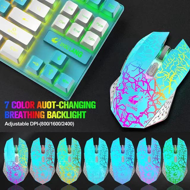 Alt view image 4 of 7 - Zhhcyyds T87 Wireless Gaming Keyboard and Mouse Combo with Rainbow LED Backlit Rechargeable 3800mAh Battery Mechanical Feel Anti-ghosting+7D 2400DPI Mice Mousepad for PC Mac Window Gamer Blue / White