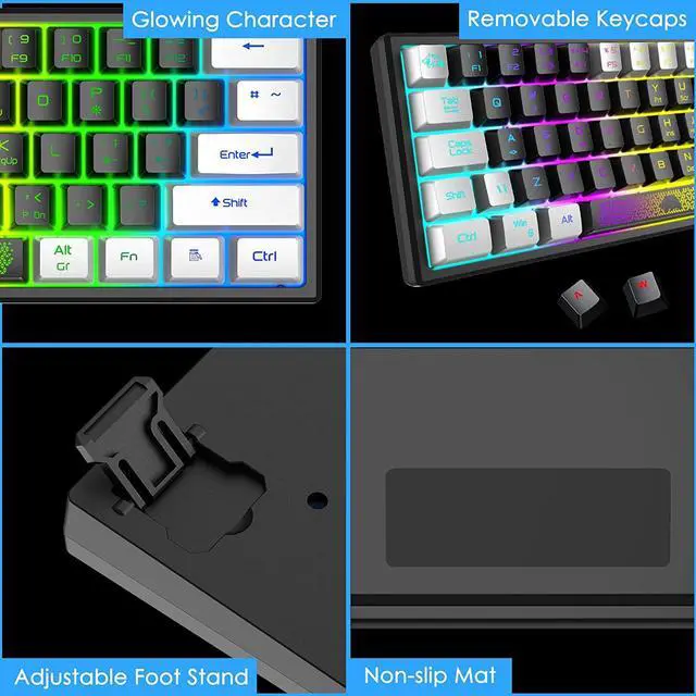 Alt view image 7 of 7 - Zhhcyyds K61 60% Gaming Keyboard Mini Portable with Rainbow RGB Backlit Compact Ergonomic 62Key Layout Anti-ghosting Mechanical Waterproof Wired for PC Mac Windows Gamer Laptop Typists