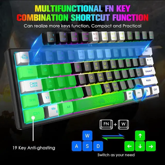 Alt view image 3 of 7 - Zhhcyyds K61 60% Gaming Keyboard Mini Portable with Rainbow RGB Backlit Compact Ergonomic 62Key Layout Anti-ghosting Mechanical Waterproof Wired for PC Mac Windows Gamer Laptop Typists