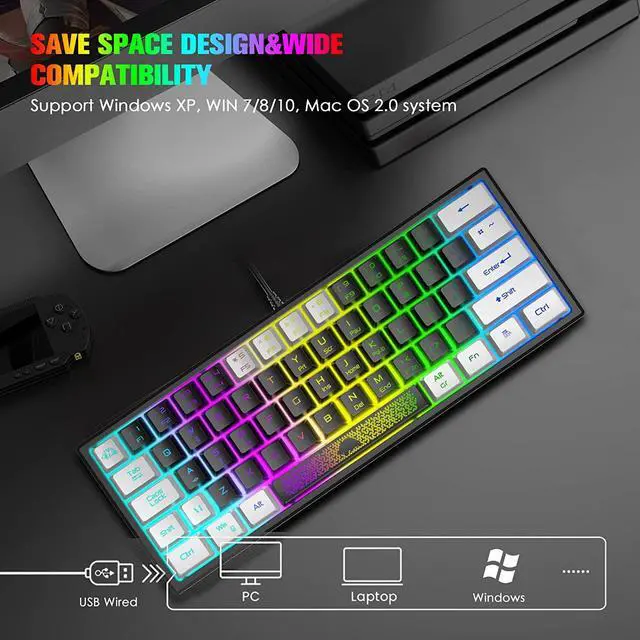 Alt view image 6 of 7 - Zhhcyyds K61 60% Gaming Keyboard Mini Portable with Rainbow RGB Backlit Compact Ergonomic 62Key Layout Anti-ghosting Mechanical Waterproof Wired for PC Mac Windows Gamer Laptop Typists