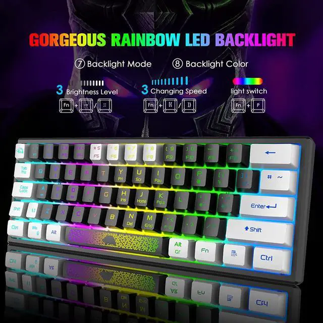 Alt view image 2 of 7 - Zhhcyyds K61 60% Gaming Keyboard Mini Portable with Rainbow RGB Backlit Compact Ergonomic 62Key Layout Anti-ghosting Mechanical Waterproof Wired for PC Mac Windows Gamer Laptop Typists