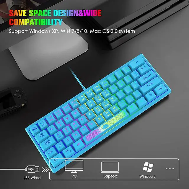 Alt view image 6 of 7 - Zhhcyyds K61 60% Gaming Keyboard Mini Portable with Rainbow RGB Backlit Compact Ergonomic 62Key Layout Anti-ghosting Mechanical Waterproof Wired for PC Mac Windows Gamer Laptop Typists Blue