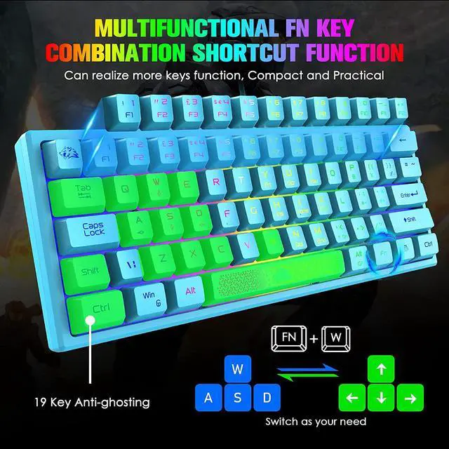 Alt view image 3 of 7 - Zhhcyyds K61 60% Gaming Keyboard Mini Portable with Rainbow RGB Backlit Compact Ergonomic 62Key Layout Anti-ghosting Mechanical Waterproof Wired for PC Mac Windows Gamer Laptop Typists Blue