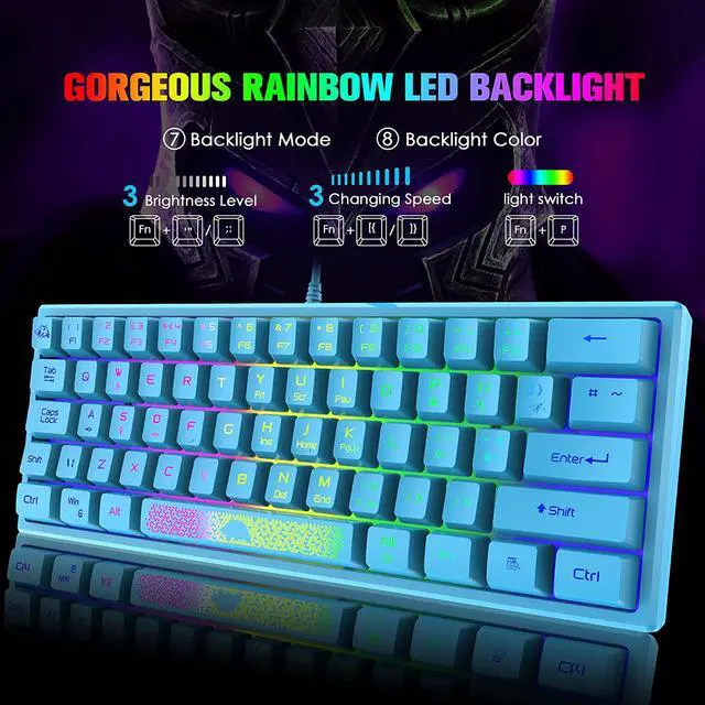 Alt view image 2 of 7 - Zhhcyyds K61 60% Gaming Keyboard Mini Portable with Rainbow RGB Backlit Compact Ergonomic 62Key Layout Anti-ghosting Mechanical Waterproof Wired for PC Mac Windows Gamer Laptop Typists Blue