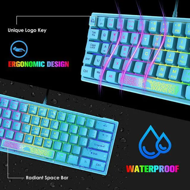 Alt view image 4 of 7 - Zhhcyyds K61 60% Gaming Keyboard Mini Portable with Rainbow RGB Backlit Compact Ergonomic 62Key Layout Anti-ghosting Mechanical Waterproof Wired for PC Mac Windows Gamer Laptop Typists Blue