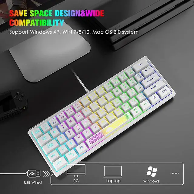 Alt view image 6 of 7 - Zhhcyyds K61 60% Gaming Keyboard Mini Portable with Rainbow RGB Backlit Compact Ergonomic 62Key Layout Anti-ghosting Mechanical Waterproof Wired for PC Mac Windows Gamer Laptop Typists White