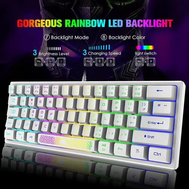Alt view image 2 of 7 - Zhhcyyds K61 60% Gaming Keyboard Mini Portable with Rainbow RGB Backlit Compact Ergonomic 62Key Layout Anti-ghosting Mechanical Waterproof Wired for PC Mac Windows Gamer Laptop Typists White