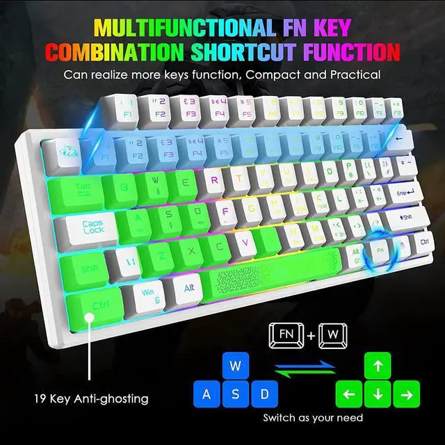 Alt view image 3 of 7 - Zhhcyyds K61 60% Gaming Keyboard Mini Portable with Rainbow RGB Backlit Compact Ergonomic 62Key Layout Anti-ghosting Mechanical Waterproof Wired for PC Mac Windows Gamer Laptop Typists White