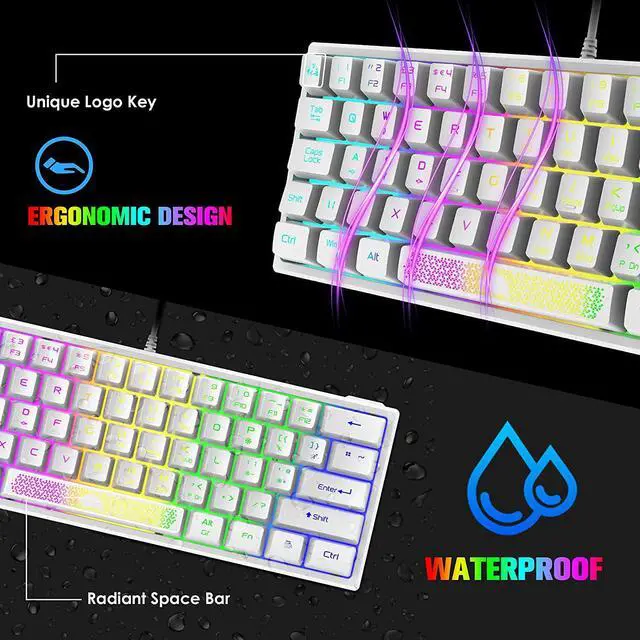 Alt view image 4 of 7 - Zhhcyyds K61 60% Gaming Keyboard Mini Portable with Rainbow RGB Backlit Compact Ergonomic 62Key Layout Anti-ghosting Mechanical Waterproof Wired for PC Mac Windows Gamer Laptop Typists White