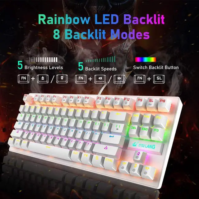 Alt view image 3 of 7 - Zhhcyyds K2 Mechanical Gaming Keyboard, Wired Mini 87 Keys Blue Switch Mechanical Compact Keyboard with 8 Rainbow Backlit Mode,12 Multimedia Button, 29 Keys Anti-ghosting for Gamers and Typists White