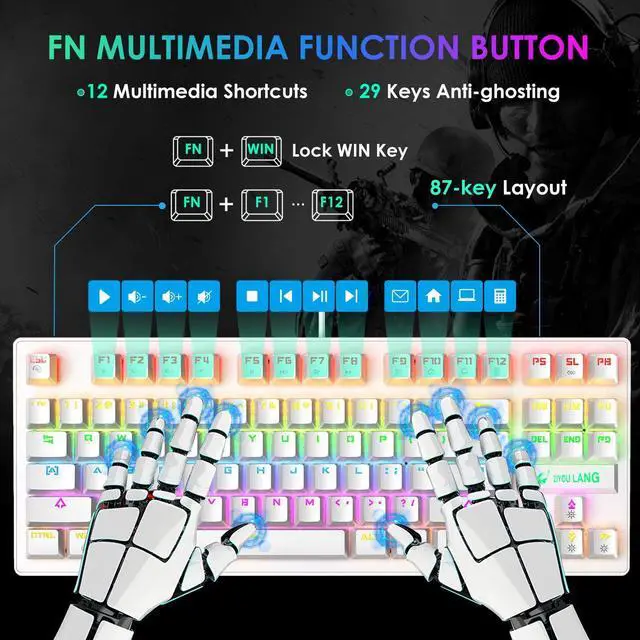 Alt view image 7 of 7 - Zhhcyyds K2 Mechanical Gaming Keyboard, Wired Mini 87 Keys Blue Switch Mechanical Compact Keyboard with 8 Rainbow Backlit Mode,12 Multimedia Button, 29 Keys Anti-ghosting for Gamers and Typists White