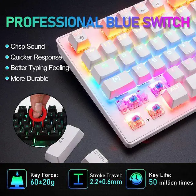 Alt view image 4 of 7 - Zhhcyyds K2 Mechanical Gaming Keyboard, Wired Mini 87 Keys Blue Switch Mechanical Compact Keyboard with 8 Rainbow Backlit Mode,12 Multimedia Button, 29 Keys Anti-ghosting for Gamers and Typists White