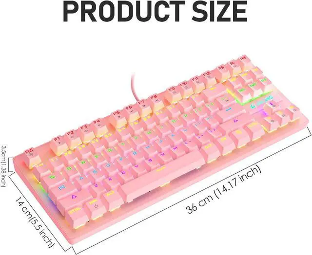 Alt view image 2 of 7 - Zhhcyyds K2 Mechanical Gaming Keyboard, Wired Mini 87 Keys Blue Switch Mechanical Compact Keyboard with 8 Rainbow Backlit Mode,12 Multimedia Button, 29 Keys Anti-ghosting for Gamers and Typists Pink