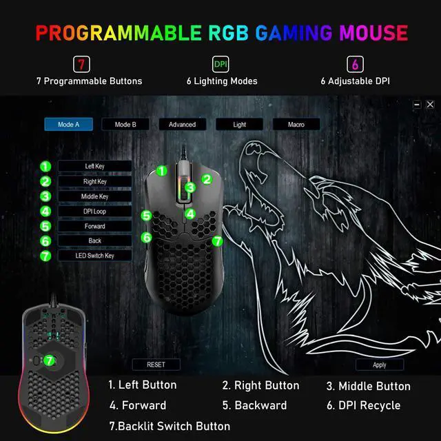 Alt view image 5 of 7 - Zhhcyyds M1 Wired Lightweight Gaming Mouse,6 RGB Backlit Mouse with 7 Buttons Programmable Driver,6400DPI Computer Mouse,Ultralight Honeycomb Shell Ultraweave Cable Mouse for PC Gamers,Xbox,PS4