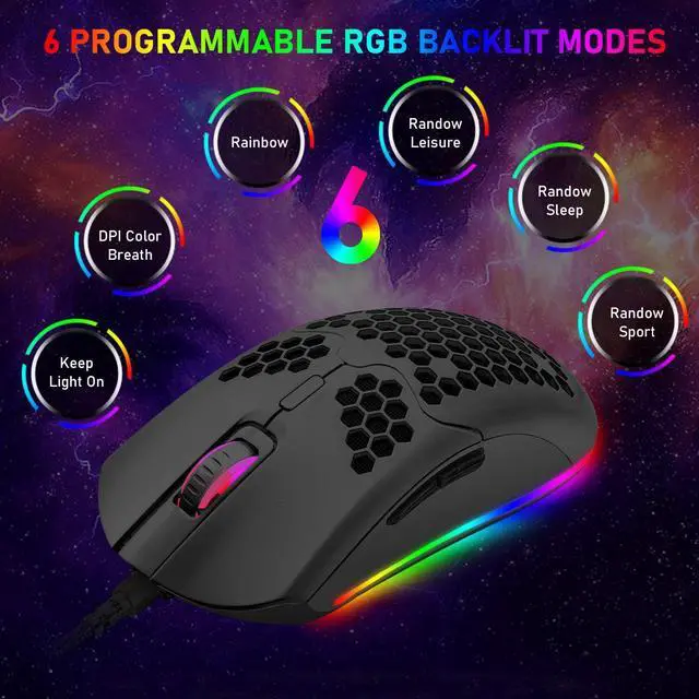 Alt view image 6 of 7 - Zhhcyyds M1 Wired Lightweight Gaming Mouse,6 RGB Backlit Mouse with 7 Buttons Programmable Driver,6400DPI Computer Mouse,Ultralight Honeycomb Shell Ultraweave Cable Mouse for PC Gamers,Xbox,PS4