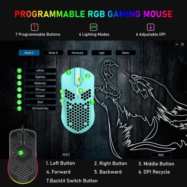Alt view image 5 of 7 - Zhhcyyds M1 Wired Lightweight Gaming Mouse,6 RGB Backlit Mouse with 7 Buttons Programmable Driver,6400DPI Computer Mouse,Ultralight Honeycomb Shell Ultraweave Cable Mouse for PC Gamers,Xbox,PS4 Blue