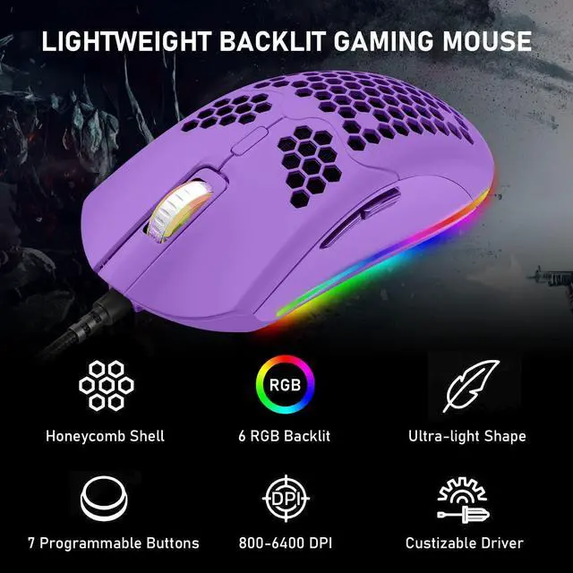 Alt view image 7 of 7 - Zhhcyyds M1 Wired Lightweight Gaming Mouse,6 RGB Backlit Mouse with 7 Buttons Programmable Driver,6400DPI Computer Mouse,Ultralight Honeycomb Shell Ultraweave Cable Mouse for PC Gamers,Xbox,PS4 Purple