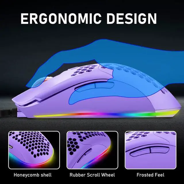 Alt view image 4 of 7 - Zhhcyyds M1 Wired Lightweight Gaming Mouse,6 RGB Backlit Mouse with 7 Buttons Programmable Driver,6400DPI Computer Mouse,Ultralight Honeycomb Shell Ultraweave Cable Mouse for PC Gamers,Xbox,PS4 Purple