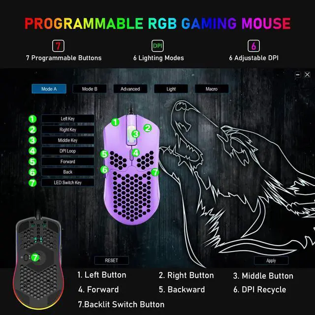 Alt view image 5 of 7 - Zhhcyyds M1 Wired Lightweight Gaming Mouse,6 RGB Backlit Mouse with 7 Buttons Programmable Driver,6400DPI Computer Mouse,Ultralight Honeycomb Shell Ultraweave Cable Mouse for PC Gamers,Xbox,PS4 Purple