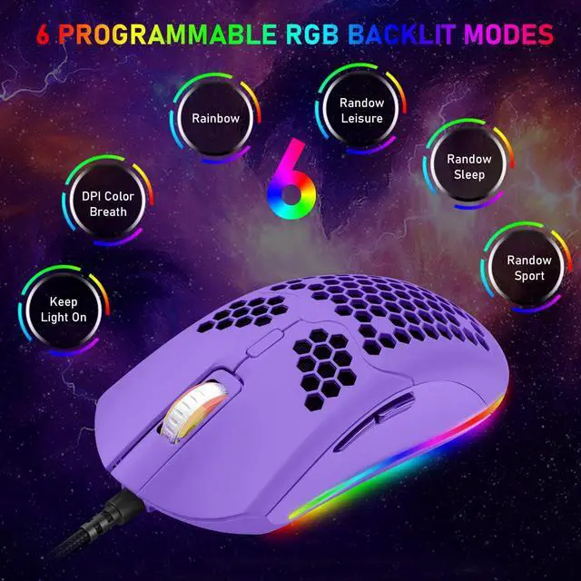 Alt view image 6 of 7 - Zhhcyyds M1 Wired Lightweight Gaming Mouse,6 RGB Backlit Mouse with 7 Buttons Programmable Driver,6400DPI Computer Mouse,Ultralight Honeycomb Shell Ultraweave Cable Mouse for PC Gamers,Xbox,PS4 Purple