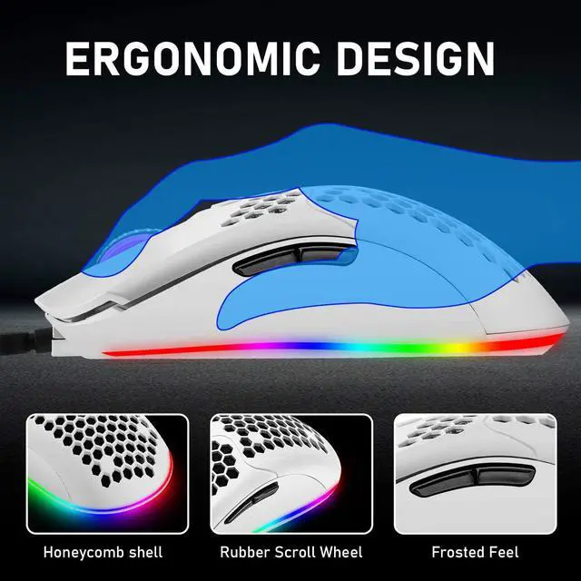 Alt view image 4 of 7 - Zhhcyyds M1 Wired Lightweight Gaming Mouse,6 RGB Backlit Mouse with 7 Buttons Programmable Driver,6400DPI Computer Mouse,Ultralight Honeycomb Shell Ultraweave Cable Mouse for PC Gamers,Xbox,PS4 White