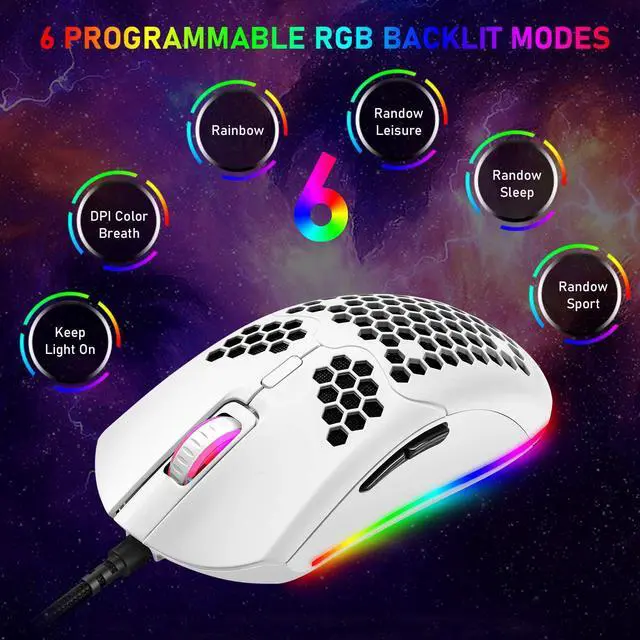 Alt view image 6 of 7 - Zhhcyyds M1 Wired Lightweight Gaming Mouse,6 RGB Backlit Mouse with 7 Buttons Programmable Driver,6400DPI Computer Mouse,Ultralight Honeycomb Shell Ultraweave Cable Mouse for PC Gamers,Xbox,PS4 White