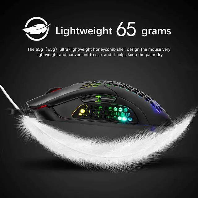 Alt view image 2 of 7 - Zhhcyyds M5 RGB Lightweight Wired Gaming Mouse with 12000 DPI 6 Programmed Buttons,65G Honeycomb Shell,Ultralight Ultraweave Cable,Pixart 3325 Optical Sensor Gamer Mice for Laptop PC Mac