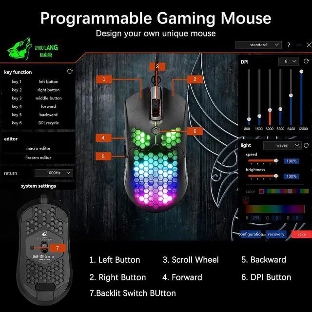 Alt view image 6 of 7 - Zhhcyyds M5 RGB Lightweight Wired Gaming Mouse with 12000 DPI 6 Programmed Buttons,65G Honeycomb Shell,Ultralight Ultraweave Cable,Pixart 3325 Optical Sensor Gamer Mice for Laptop PC Mac