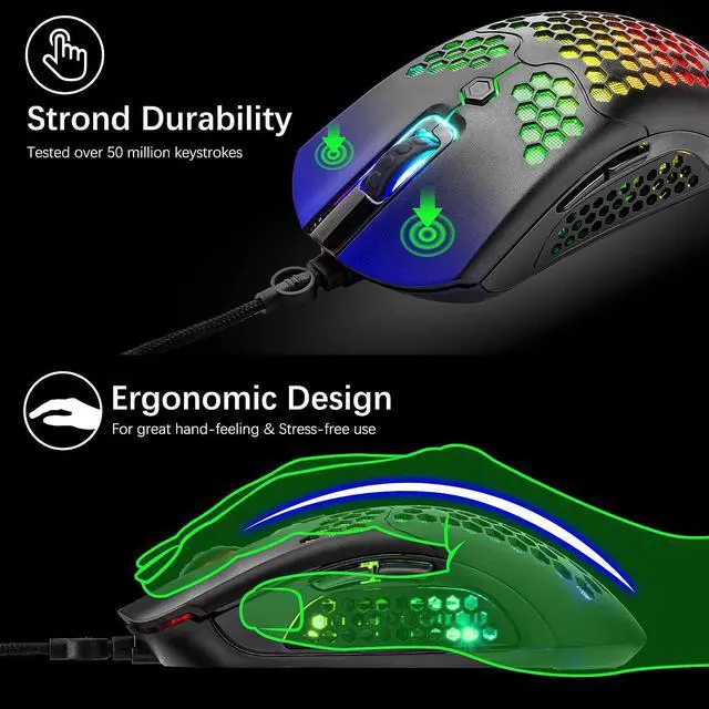 Alt view image 3 of 7 - Zhhcyyds M5 RGB Lightweight Wired Gaming Mouse with 12000 DPI 6 Programmed Buttons,65G Honeycomb Shell,Ultralight Ultraweave Cable,Pixart 3325 Optical Sensor Gamer Mice for Laptop PC Mac